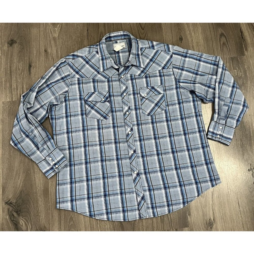 Wrangler Wrancher Shirt Mens 2X Pearl Snap Western Button Blue Plaid